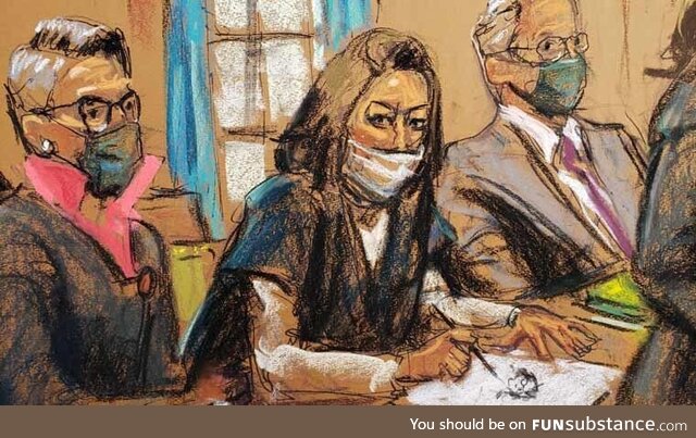 The sketch artist’s drawing of Ghislaine angrily drawing the courtroom sketch artist