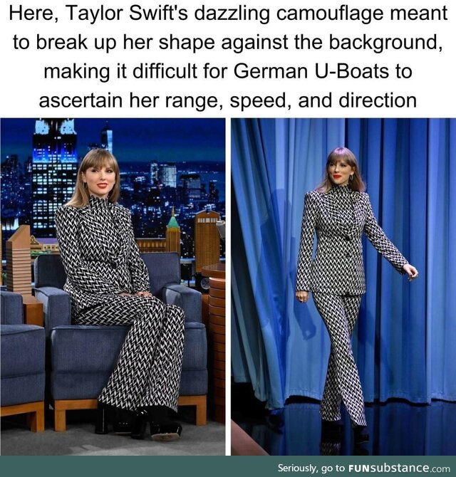 Taylor Swift, British nautical engineer, displaying new dazzle camouflage used to make it