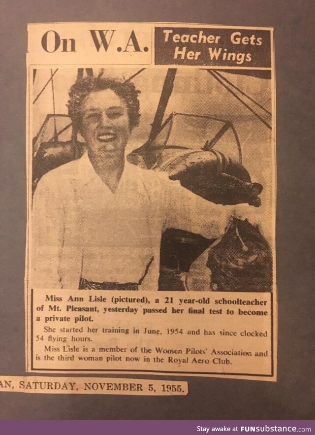 My grandmother in 1955, one of the first female pilots in south west australia
