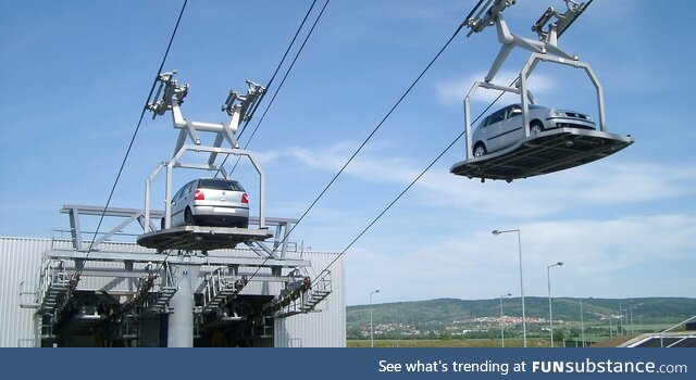 Aerial tramway carries cars in Bratislava, Slovakia