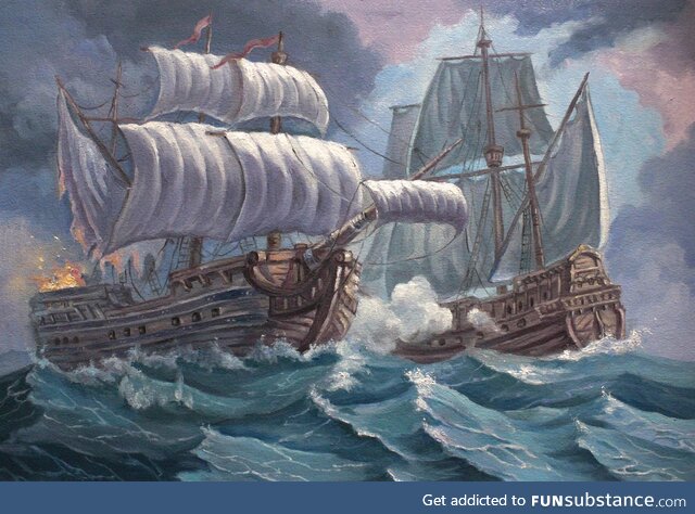 Battle of ships. My oil painting. Oil on canvas