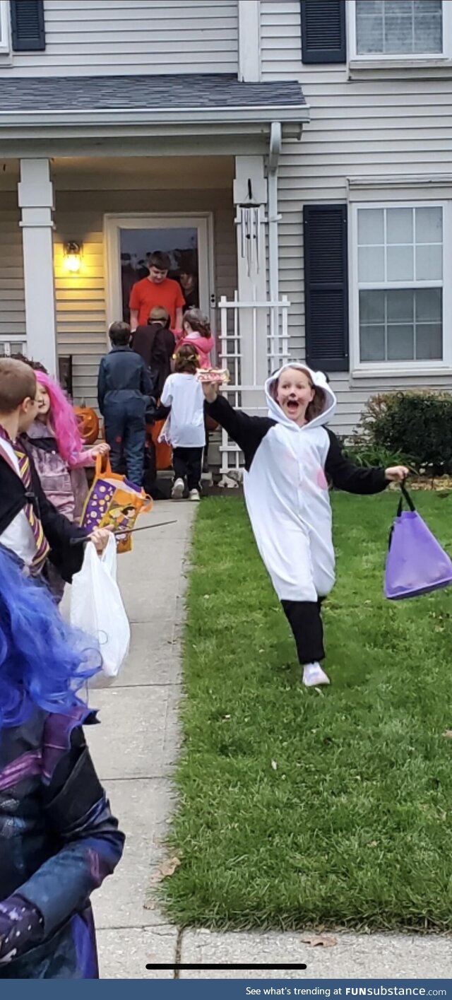 The joy of being a kid. Got a full size candy bar and you would have thought my daughter
