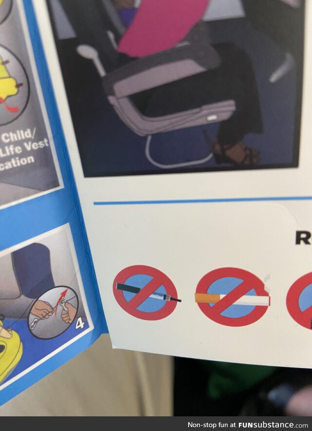 We were on the airplane, and my 5-year old picks up the safety/rules pamphlet in the seat