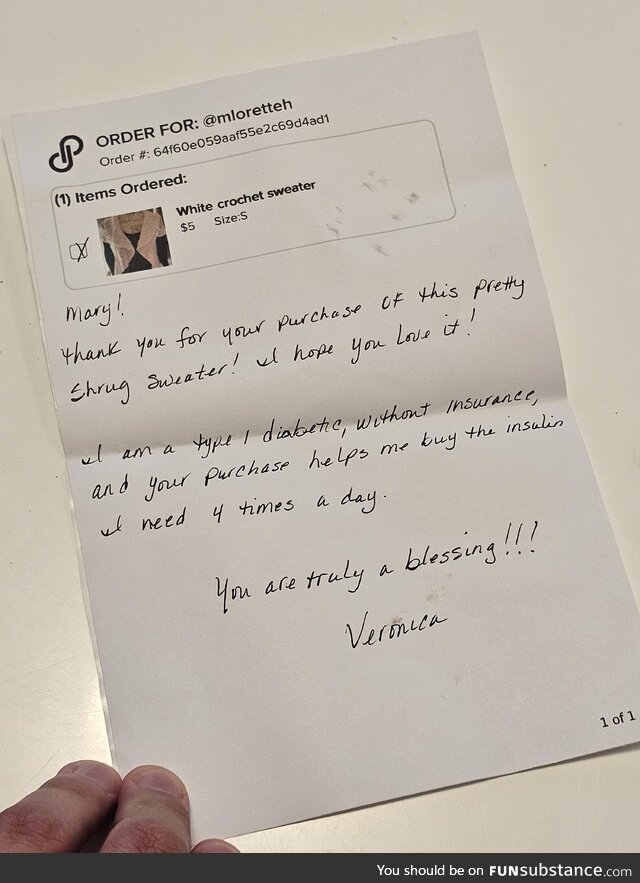 My wife ordered a sweater on Poshmark. It came with this note that made her tear up