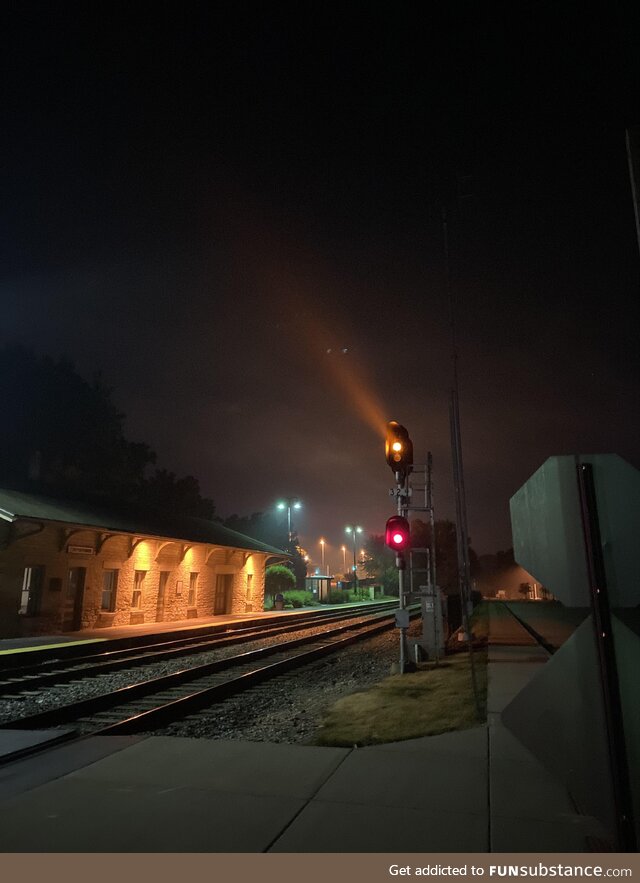 (By me) Train station at night in Lockport, Illinois. Heavy and Light fog rolled in on