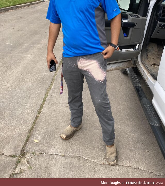 My coworker had chlorinated water sprayed his pants and left the following bleached area
