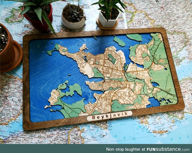 I made a 3D engraved wooden map of Reykjavik, Iceland!