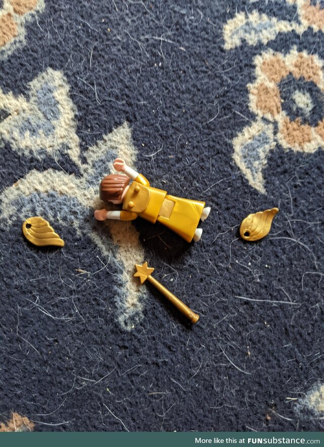 My toddler had no mercy for the angel from her toy nativity scene
