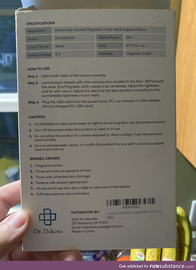 The back of the box for this heated neck brace made me chuckle