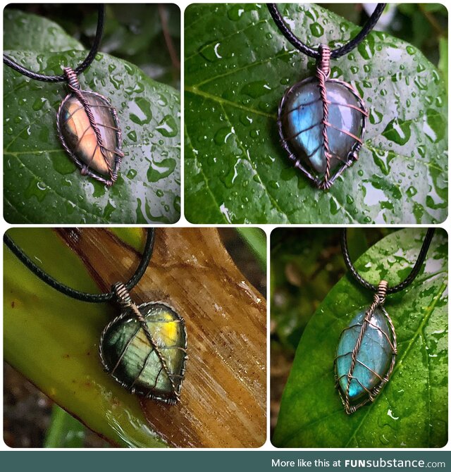 Some leaf necklaces I handmade with copper wire and labradorite gemstones