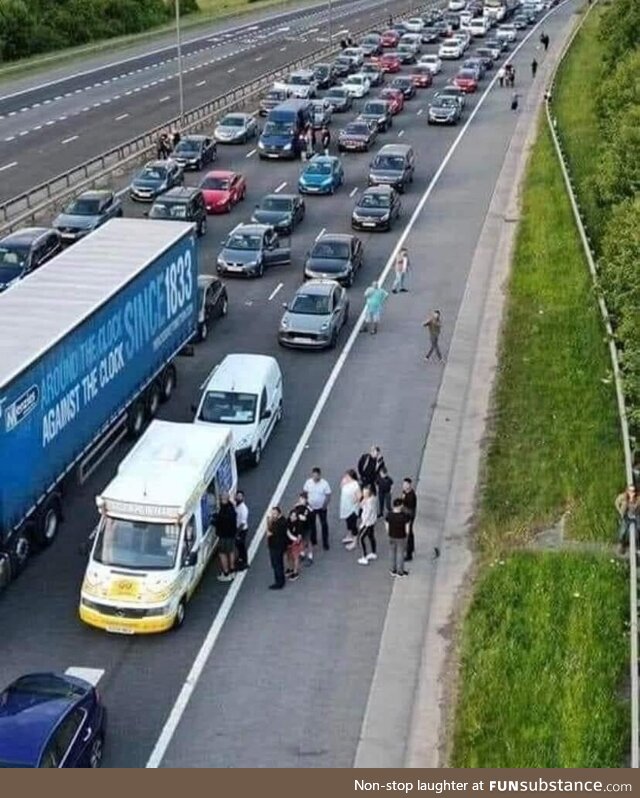 7km long tailback on the motorway in Ireland today, so the ice cream man started selling