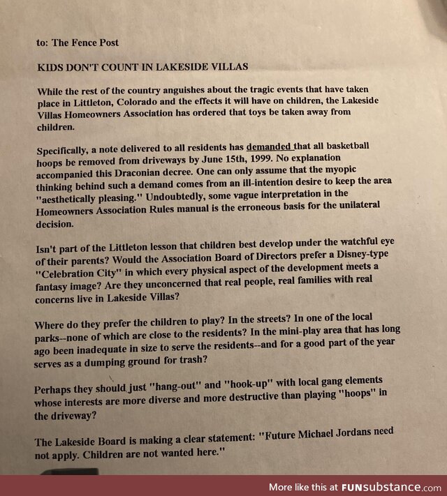 A complaint my FIL wrote in 1999 as a response to their HOA demanding the removal of