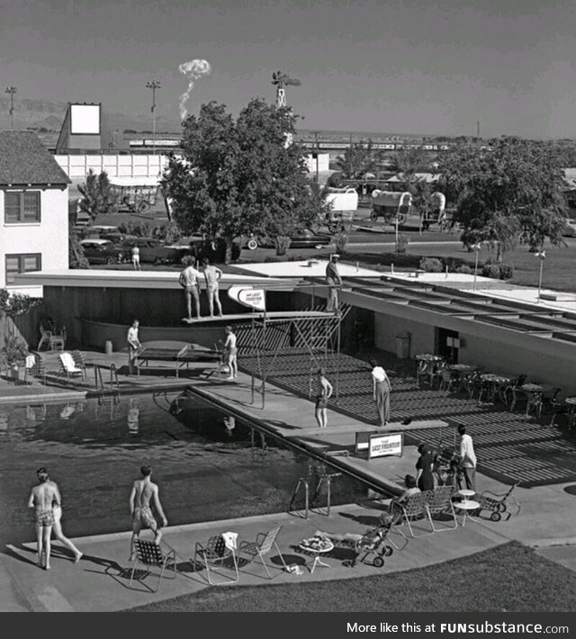 1953 Las Vegas, NV : Swimming with nuclear testing in the distance