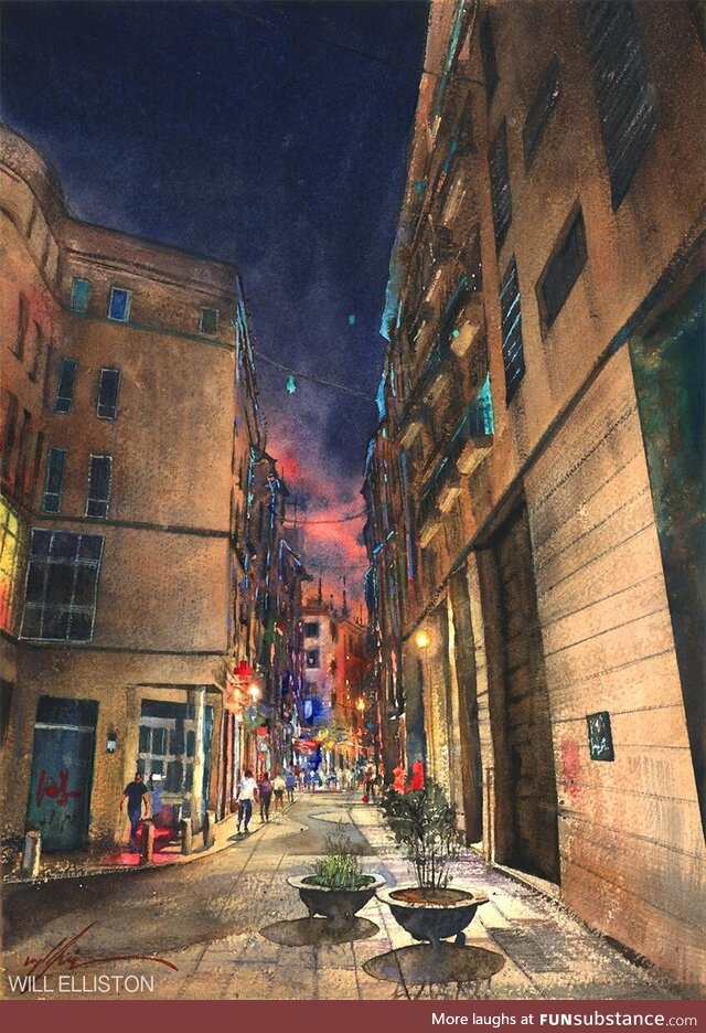 Here's my first attempt at painting a night scene in watercolor, it's of the Raval area,