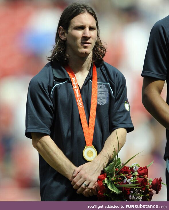 A 21-year-old Lionel Messi winning Olympic Gold Medal for ARG at 2008 Beijing Summer Games