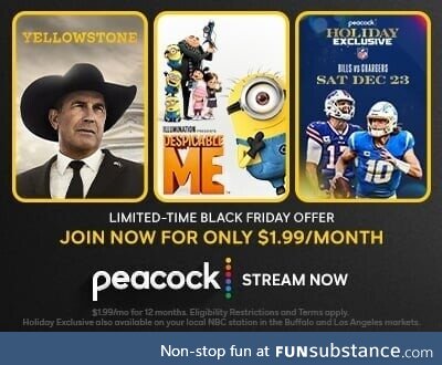 Limited-time Black Friday offer: Get Peacock for $1.99/mo for 12 months or $19.99 for 1