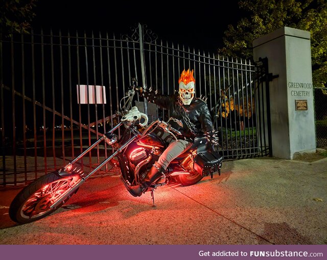 My Ghost Rider cosplay. I built everything you see here.(but not the cemetery)