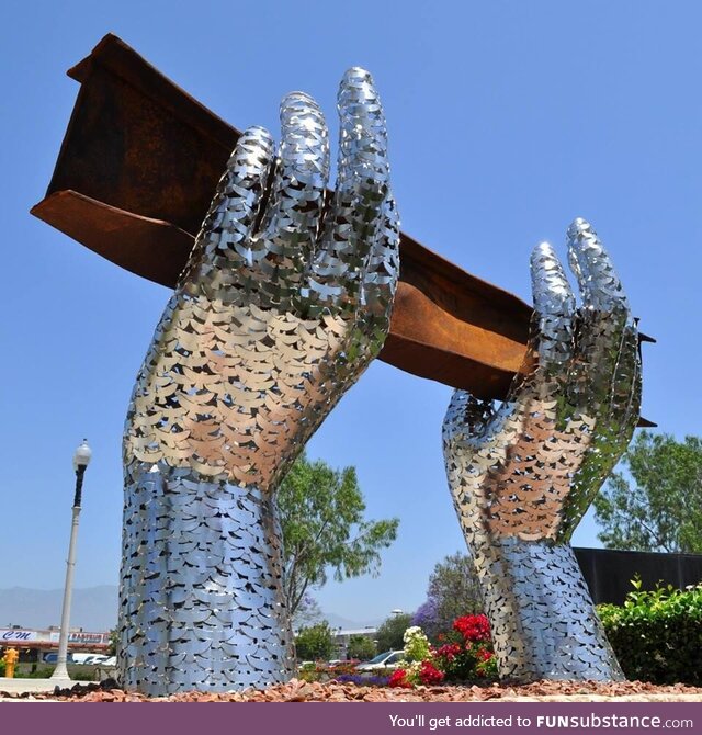 Sculpture in Rosemead, CA has iron beam from World Trade Center and is held by 2,976