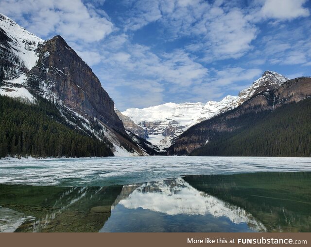 [OC] Lake Louise in Banff, Alberta still frozen in June