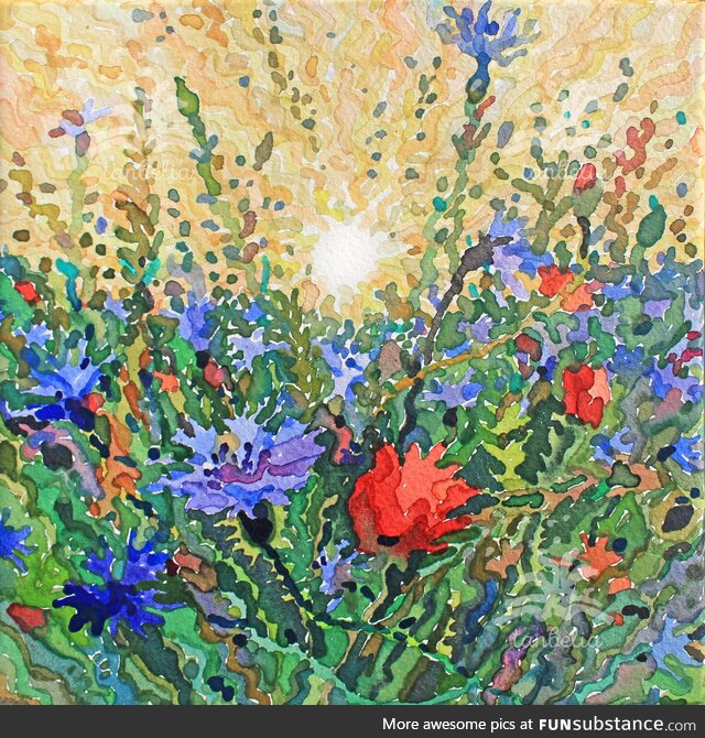 Fresh summer sunrise, size 8 x 8 x 0.6 inches, watercolor on paper and canvas