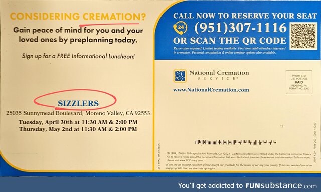 Considering cremation? Come down to Sizzler's