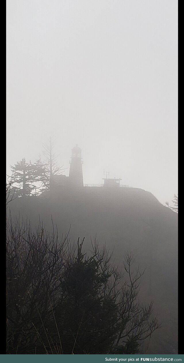 The Cape Disappointment Lighthouse in the morning fog