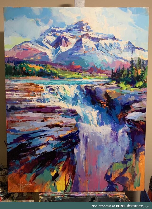 Just finished painting Athabasca Falls last night! Acrylic on 36x48” canvas