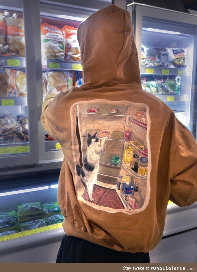 Painted my cat on a hoodie raiding my fridge. [oc]