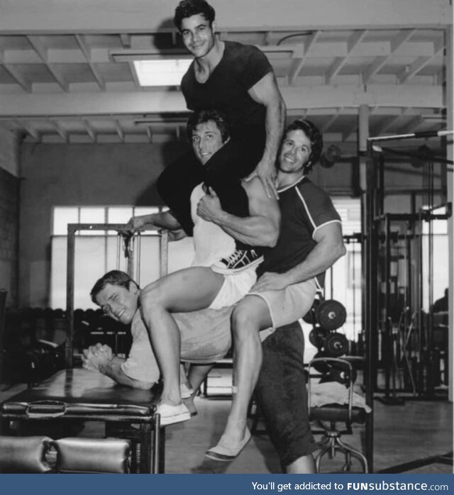 Arnold Schwarzenegger being mounted by 3 men in the gym, 1970s. F. Zane, Franco Columbu