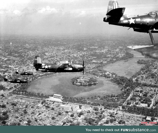 US navy fighters flying over Beijing, China in 1945