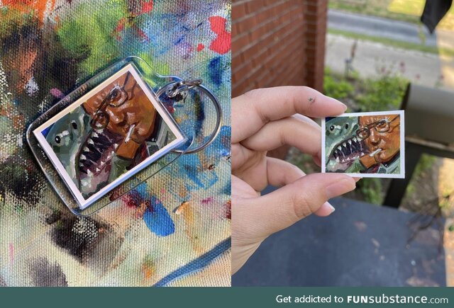 I painted a tiny scene from jaws and put it inside a keychain (OC)