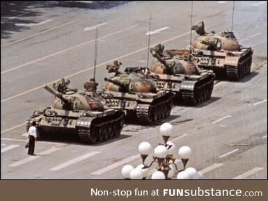 Tank Man temporarily stops the advance of Type 59 tanks on June 5, 1989, in Beijing