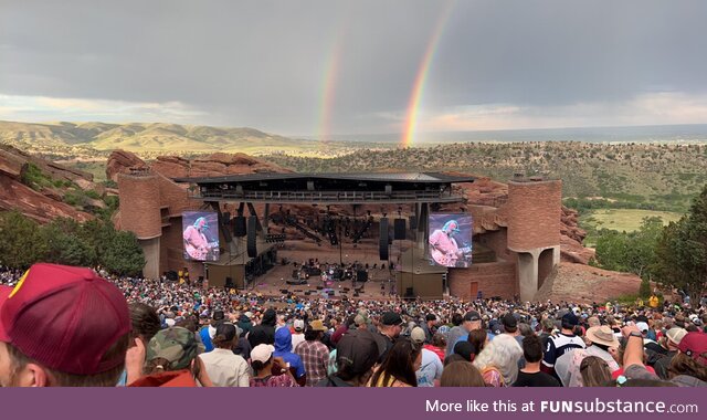 [OC] Double rainbow at Red Rocks CO during the Widespread Panic show