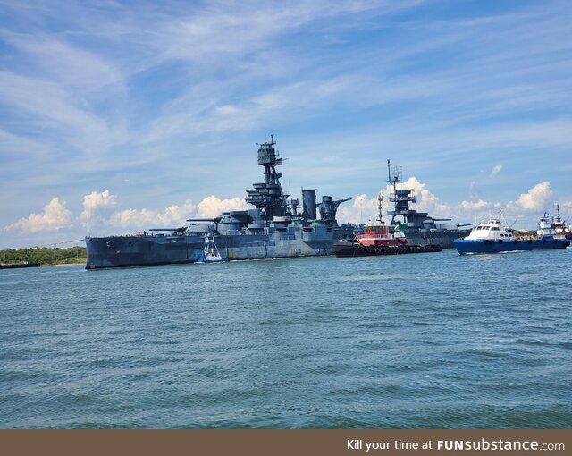 [OC] The 110-year-old dreadnought USS Texas (BB-35) being towed to Galveston, TX for