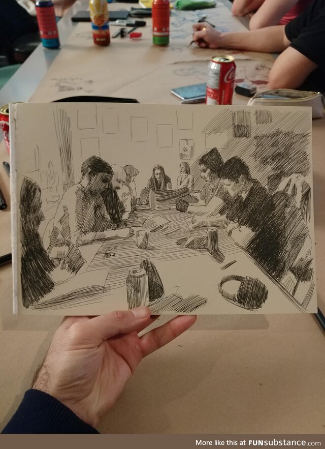 Sketching people at a cafe with a ballpoint pen