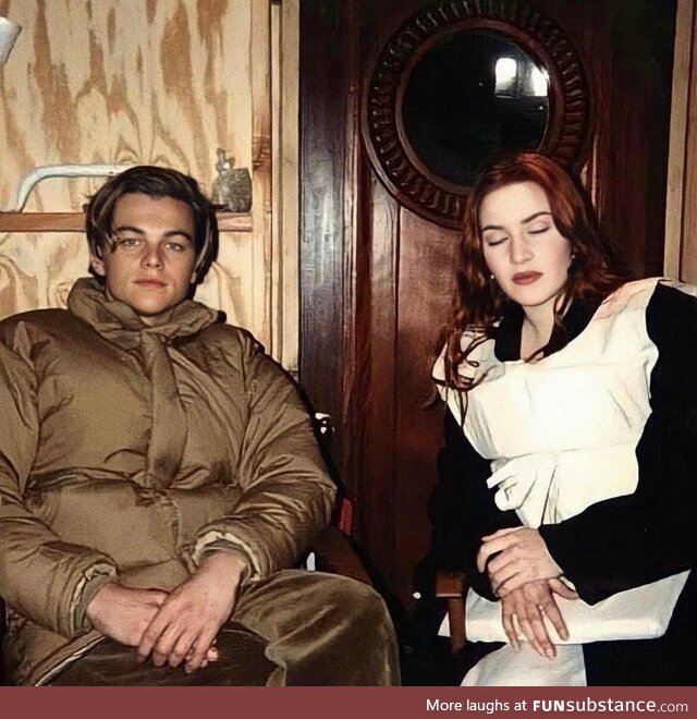 Leonardo DiCaprio and Kate Winslet on the set of 'Titanic', 1997