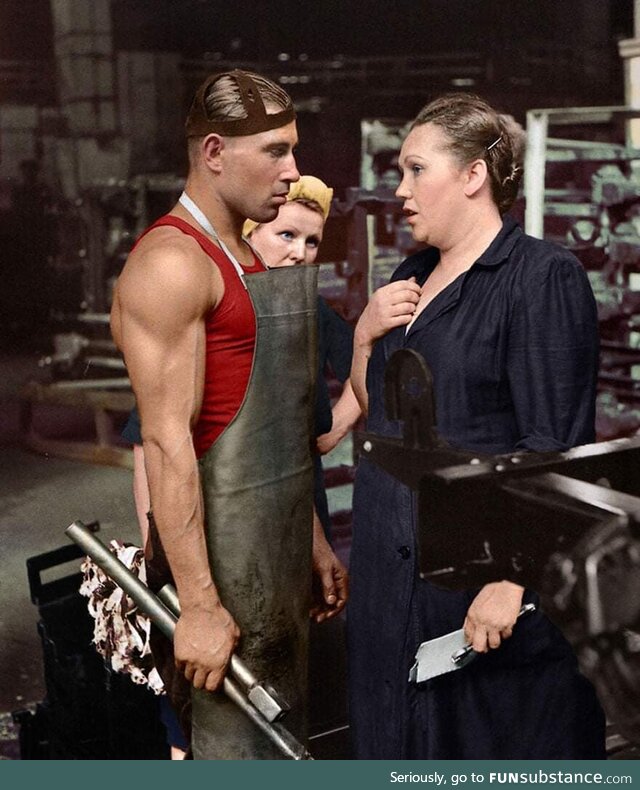 Worker and supervisor at a car factory - Moscow, 1954