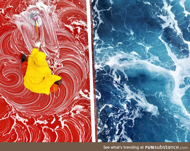 The color contrast between the red ship deck and blue whirling ocean here is incredible