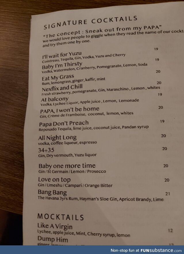 c*cktail menu full of sexual innuendos