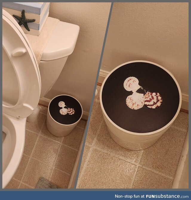 Our friend's bathroom has three seashells next to the toilet