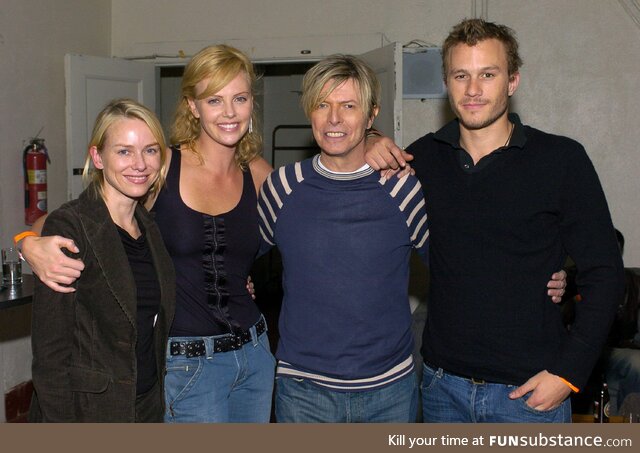 Naomi Watts, Charlize Theron, and Heath Ledger backstage with David Bowie in 2004