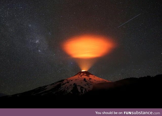 The Villarrica volcano lights up the sky at night in Chile