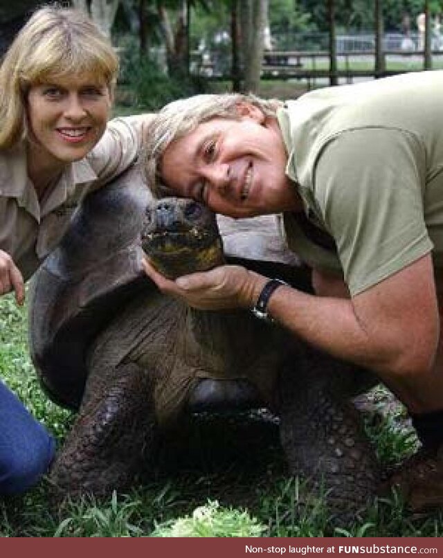 Steve Irwin and Harriet the Tortoise, 170 years after Charles Darwin collected her. Both