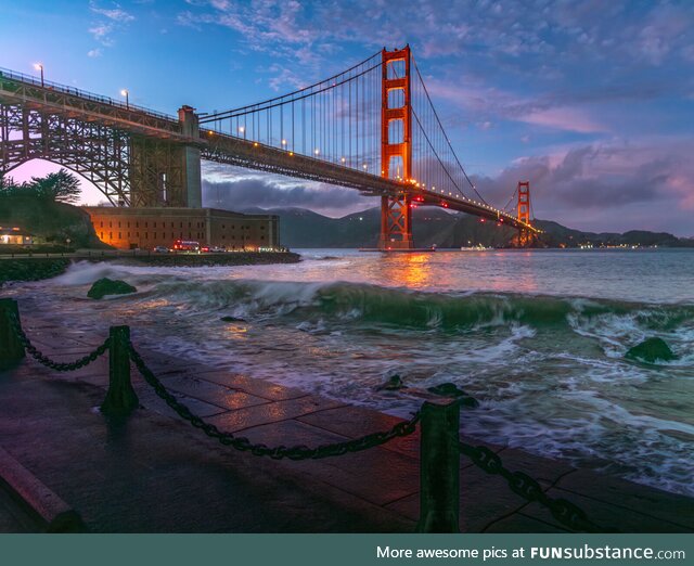 Evening look at the Golden Gate Bridge with a high surf