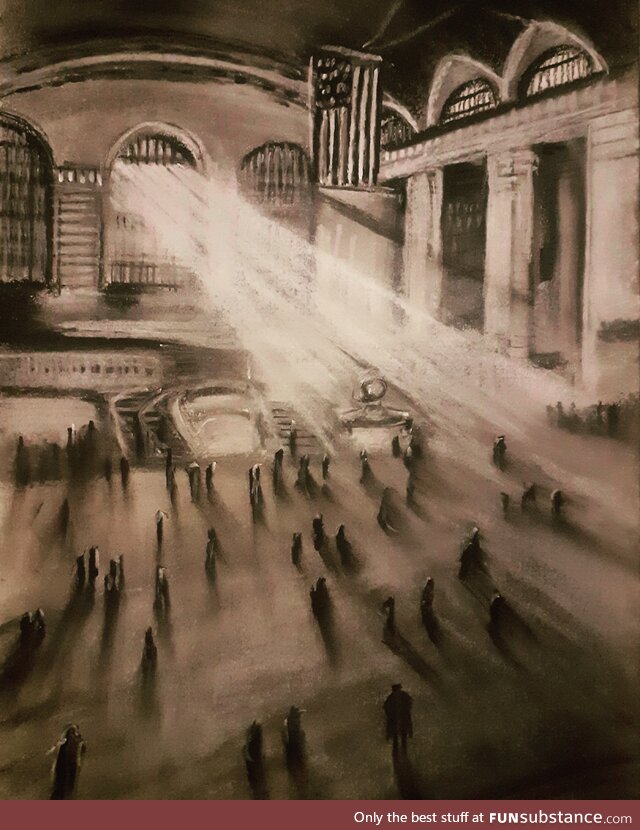 Grand central station, charcoal and white pastel art by me, 2022
