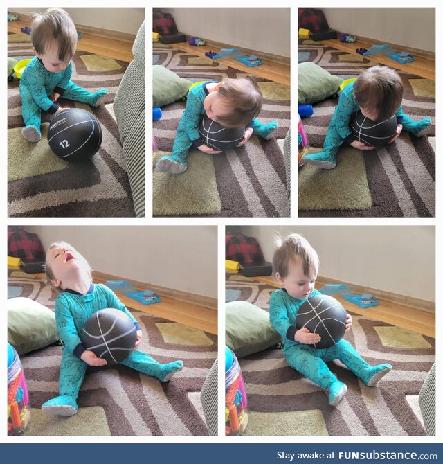 My 1 year old determined to lift the 12lb medicine ball after seeing his older brother do