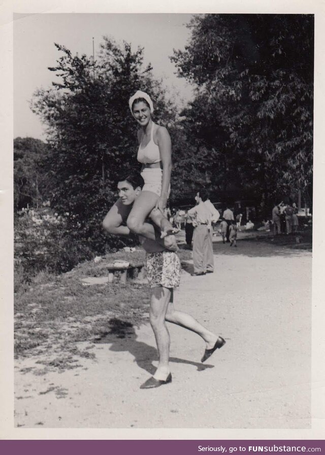 My grandparents going to the beach in 1950