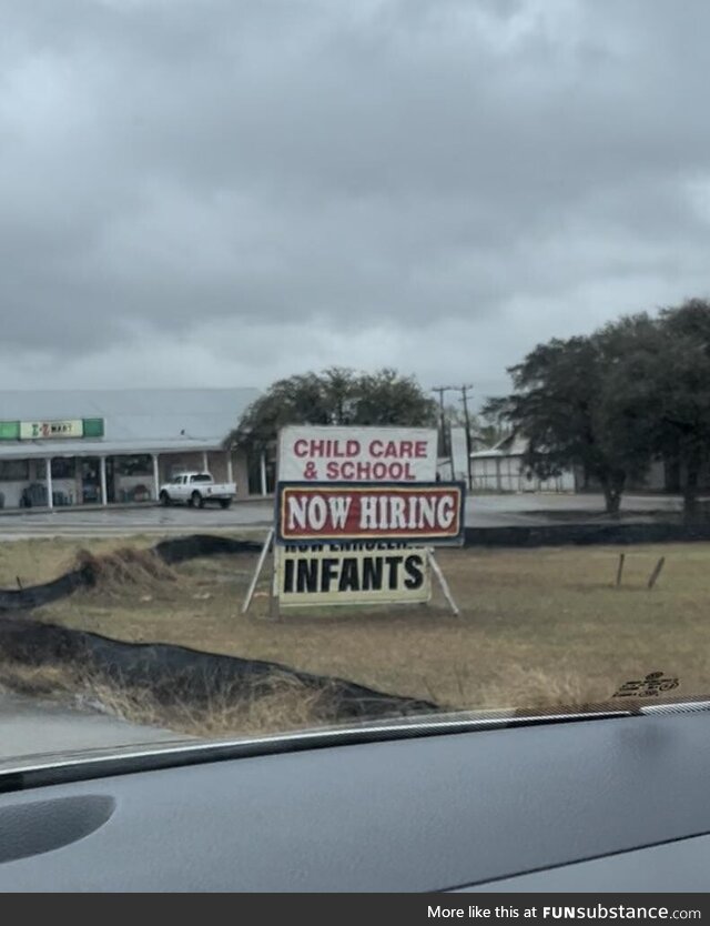 The odd placement of this hiring sign
