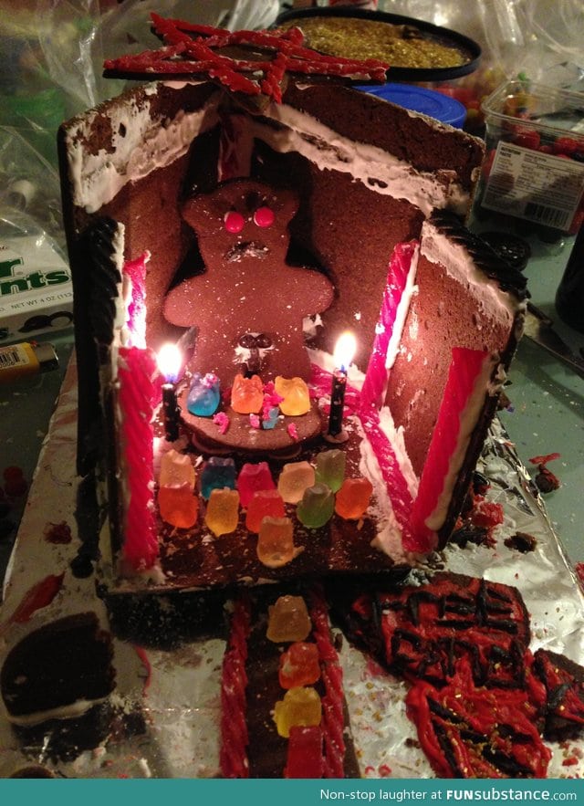 It started out as a regular gingerbread house, I don't know what happened