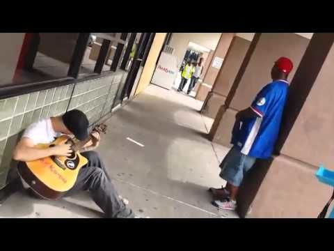 Three guys that don't know each other stop to sing